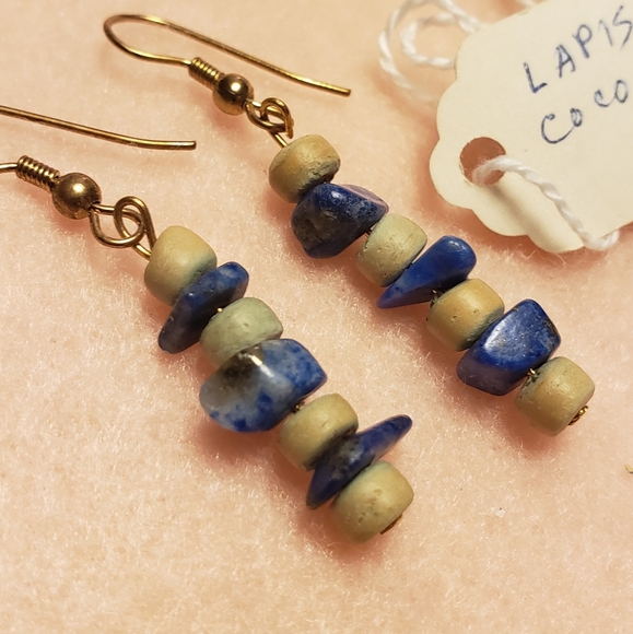 Lapis Chips and Coco Beaded Earrings with Gold Posts - Picture 3 of 3